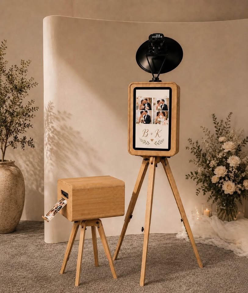 PoseWithUs elegant bamboo photo booth on tripod with custom wedding monogram — luxury photo booth GTA